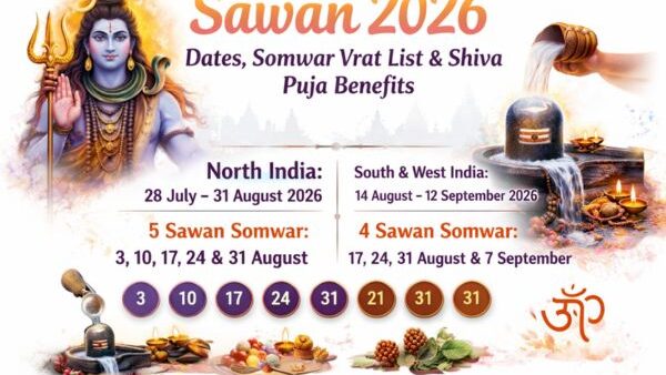 Sawan 2026 dates and Sawan Somwar vrat list for North and South India with Lord Shiva Jalabhishek illustration