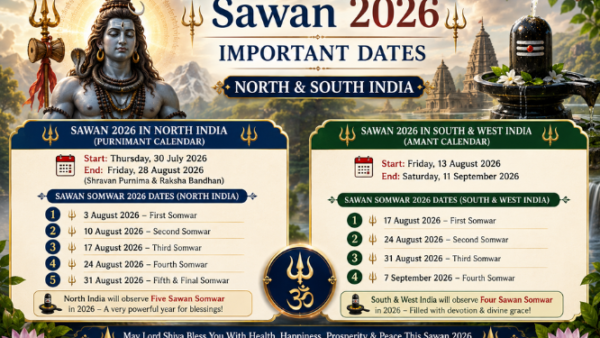 Sawan 2026 dates and Sawan Somwar vrat list for North and South India with Lord Shiva Jalabhishek illustration