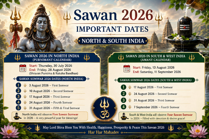 Sawan 2026 dates and Sawan Somwar vrat list for North and South India with Lord Shiva Jalabhishek illustration