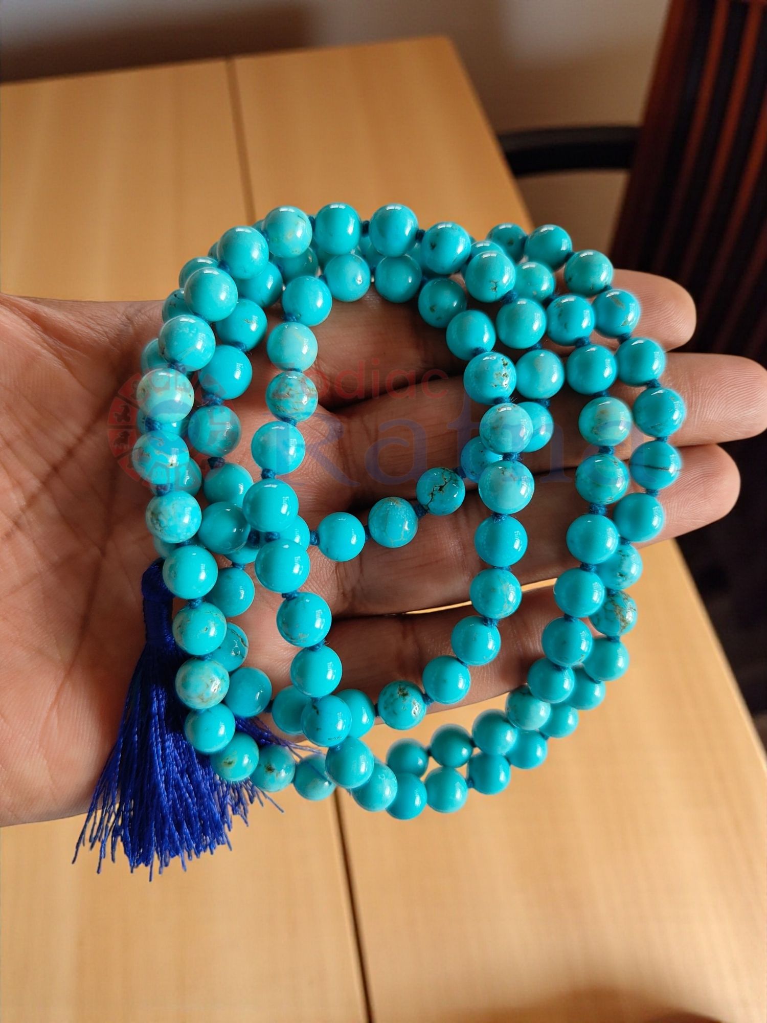 108 +1 Guru bead Firoza mala promoting tranquillity, creativity, and psychic connection