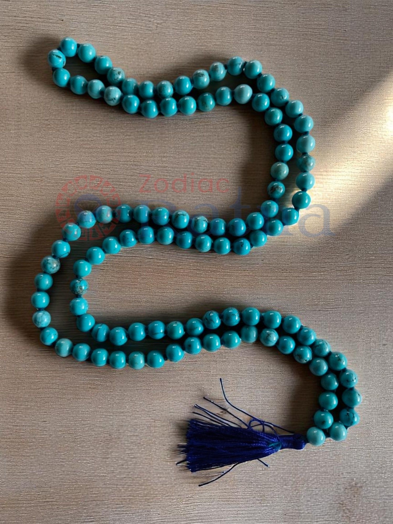 108 bead Firoza mala promoting tranquillity, creativity, and psychic connection