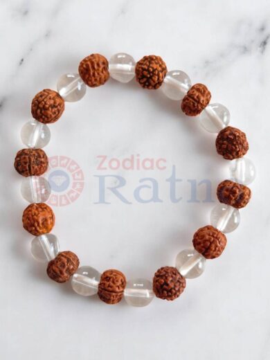 Close up of natural Rudraksha beads and clear Sphatik Quartz