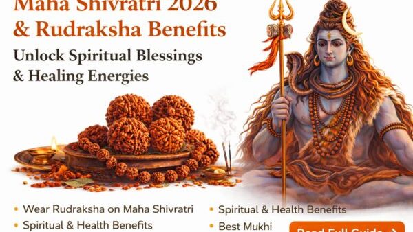 Maha Shivratri 2026 banner showing Lord Shiva and Rudraksha beads highlighting spiritual and healing benefits