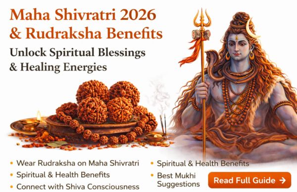 Maha Shivratri 2026 banner showing Lord Shiva and Rudraksha beads highlighting spiritual and healing benefits