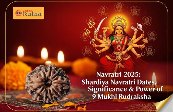 Navratri 2025 banner featuring Maa Durga with trishul and lion, festive background, and text highlighting Shardiya Navratri dates (22 Sept – 2 Oct) and blessings of 9 Mukhi Rudraksha.