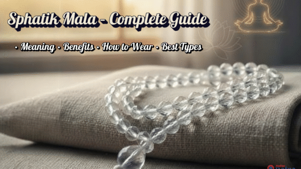 Sphatik Mala banner image showing clear quartz prayer beads with red tassel – Zodiac Ratna blog guide