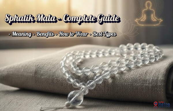 Sphatik Mala banner image showing clear quartz prayer beads with red tassel – Zodiac Ratna blog guide