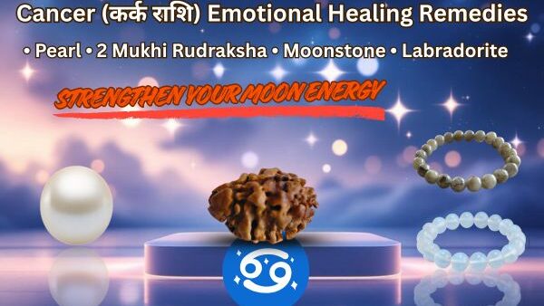 Cancer zodiac remedies for calm mind, better sleep and emotional strength with Pearl, 2 Mukhi, Moonstone and Labradorite.