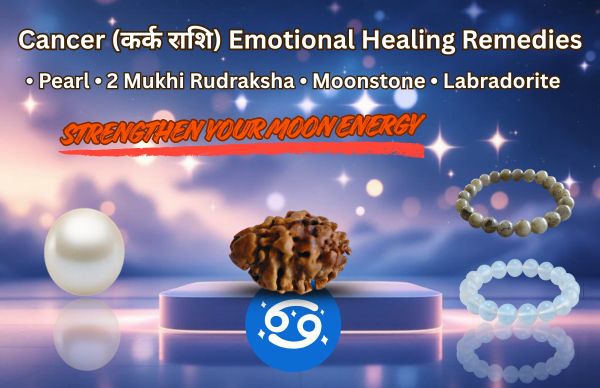 Cancer zodiac remedies for calm mind, better sleep and emotional strength with Pearl, 2 Mukhi, Moonstone and Labradorite.