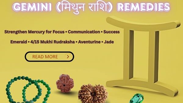 Gemini (मिथुन राशि) remedies featuring Emerald, 4/15 Mukhi Rudraksha, Green Aventurine and Jade for Mercury balance.