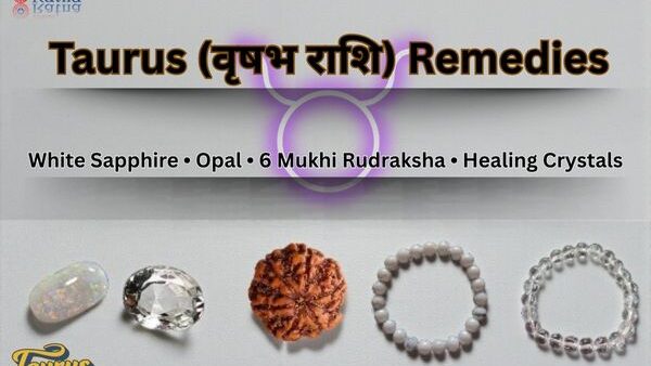 Taurus Remedies banner featuring White Sapphire, Opal, 6 Mukhi Rudraksha, Howlite bracelet, and Sphatik bracelet displayed in a single row, with the title ‘Taurus Remedies – White Sapphire • Opal • 6 Mukhi Rudraksha • Healing Crystals’ for Vṛṣabha Rashi astrology guide.