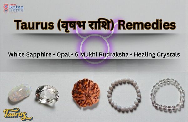 Taurus Remedies banner featuring White Sapphire, Opal, 6 Mukhi Rudraksha, Howlite bracelet, and Sphatik bracelet displayed in a single row, with the title ‘Taurus Remedies – White Sapphire • Opal • 6 Mukhi Rudraksha • Healing Crystals’ for Vṛṣabha Rashi astrology guide.