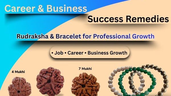 Career and business success remedies featuring 4 Mukhi, 6 Mukhi and 7 Mukhi Rudraksha with Pyrite, Green Aventurine and Howlite bracelets for professional growth and financial stability