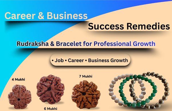 Career and business success remedies featuring 4 Mukhi, 6 Mukhi and 7 Mukhi Rudraksha with Pyrite, Green Aventurine and Howlite bracelets for professional growth and financial stability