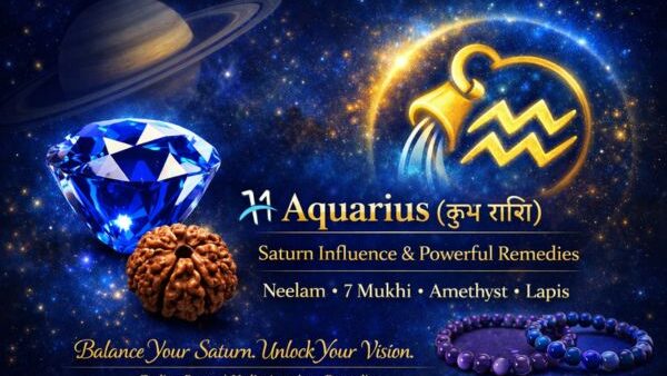 Aquarius (कुंभ राशि) zodiac banner featuring Blue Sapphire (Neelam), 7 Mukhi Rudraksha, Amethyst and Lapis Lazuli bracelets with Saturn influence background.