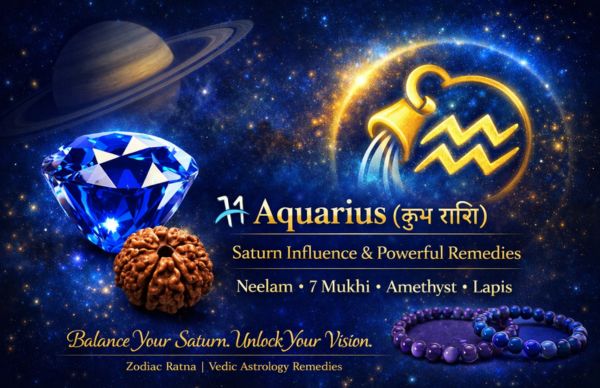Aquarius (कुंभ राशि) zodiac banner featuring Blue Sapphire (Neelam), 7 Mukhi Rudraksha, Amethyst and Lapis Lazuli bracelets with Saturn influence background.