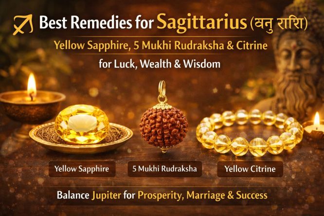 Best remedies for Sagittarius (Dhanu Rashi) – Yellow Sapphire Pukhraj, 5 Mukhi Rudraksha and Yellow Citrine bracelet for strengthening Jupiter (Guru)