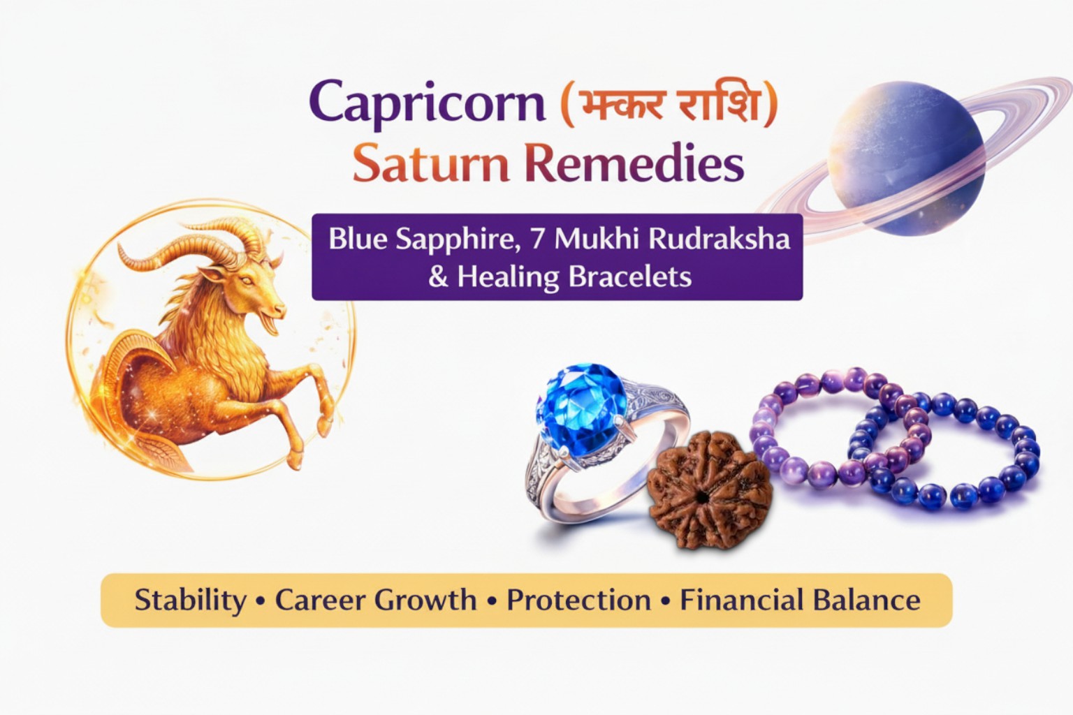 Capricorn (Makar Rashi) lucky stone Blue Sapphire and 7 Mukhi Rudraksha remedies for Saturn (Shani) balance