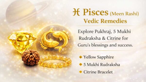 Pisces (मीन राशि) zodiac banner featuring Yellow Sapphire (Pukhraj), 5 Mukhi Rudraksha and Yellow Citrine bracelet with Jupiter (Guru) influence background.