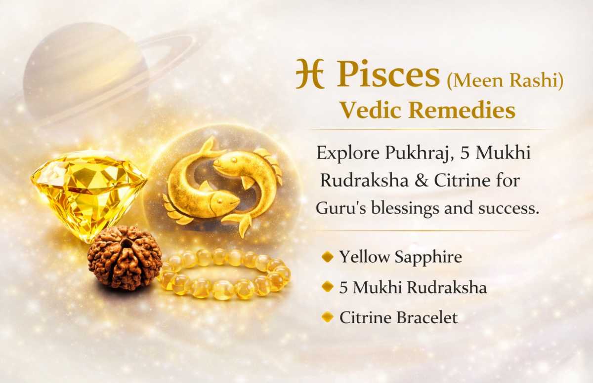 Pisces (मीन राशि) zodiac banner featuring Yellow Sapphire (Pukhraj), 5 Mukhi Rudraksha and Yellow Citrine bracelet with Jupiter (Guru) influence background.