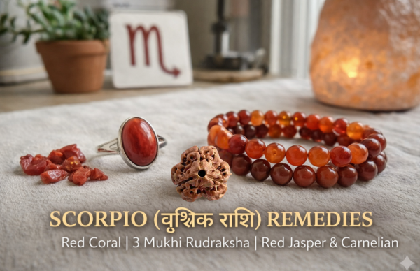 Scorpio (वृश्चिक राशि) remedies banner featuring a Red Coral Moonga ring, 3 Mukhi Rudraksha, and Red Jasper crystal bracelets on a dark red background.