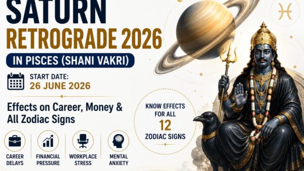 Saturn Retrograde 2026 in Pisces banner featuring Shani Dev, Saturn planet, and zodiac-themed design explaining career, money, workplace stress, and astrology effects for all 12 zodiac signs.
