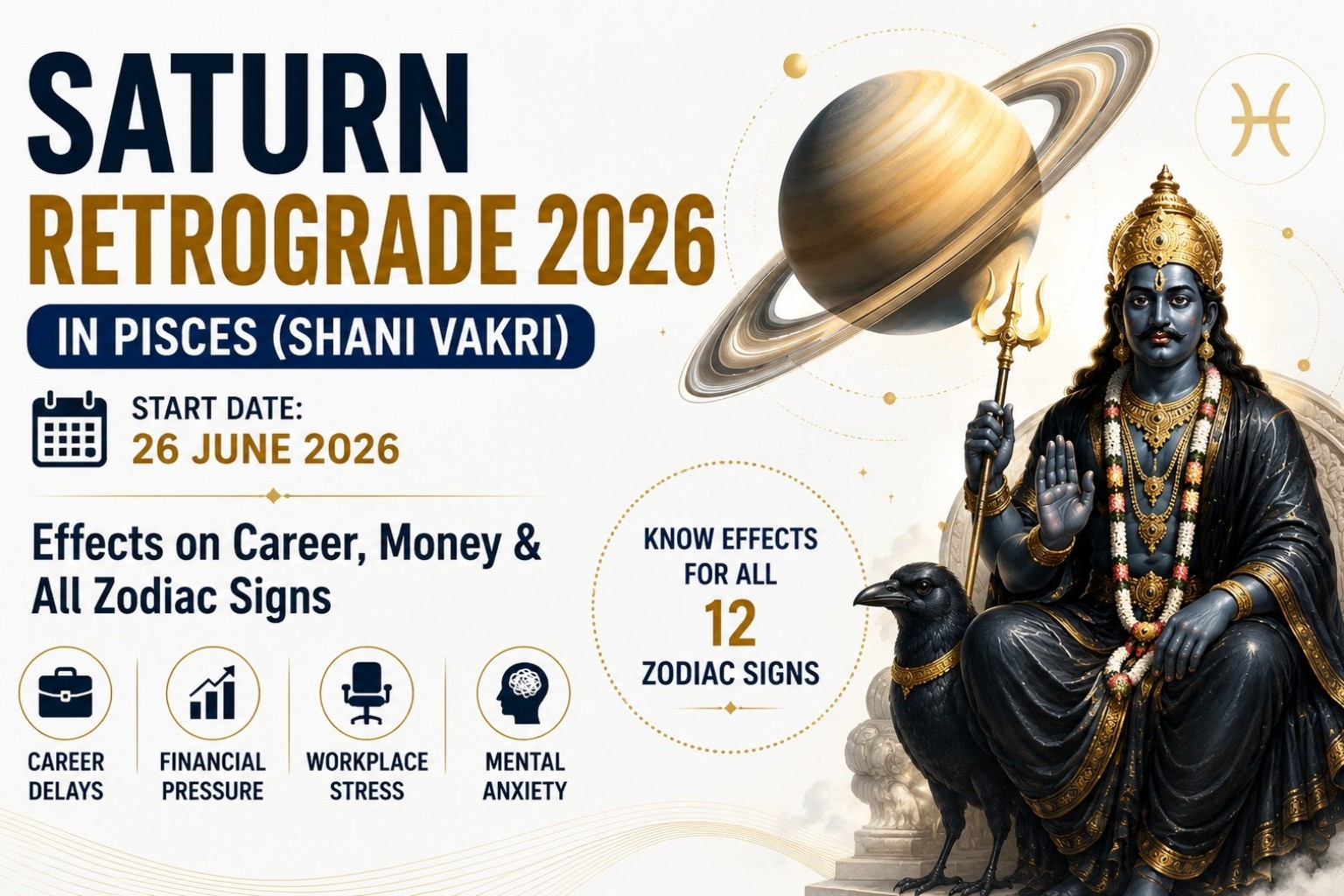 Saturn Retrograde 2026 in Pisces banner featuring Shani Dev, Saturn planet, and zodiac-themed design explaining career, money, workplace stress, and astrology effects for all 12 zodiac signs.