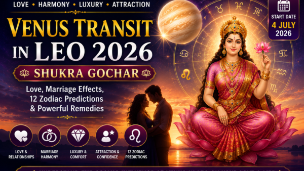 Venus Transit in Leo 2026 banner showing Shukra Gochar effects on love, marriage, attraction, and zodiac predictions with Venus planet and astrology-themed artwork.
