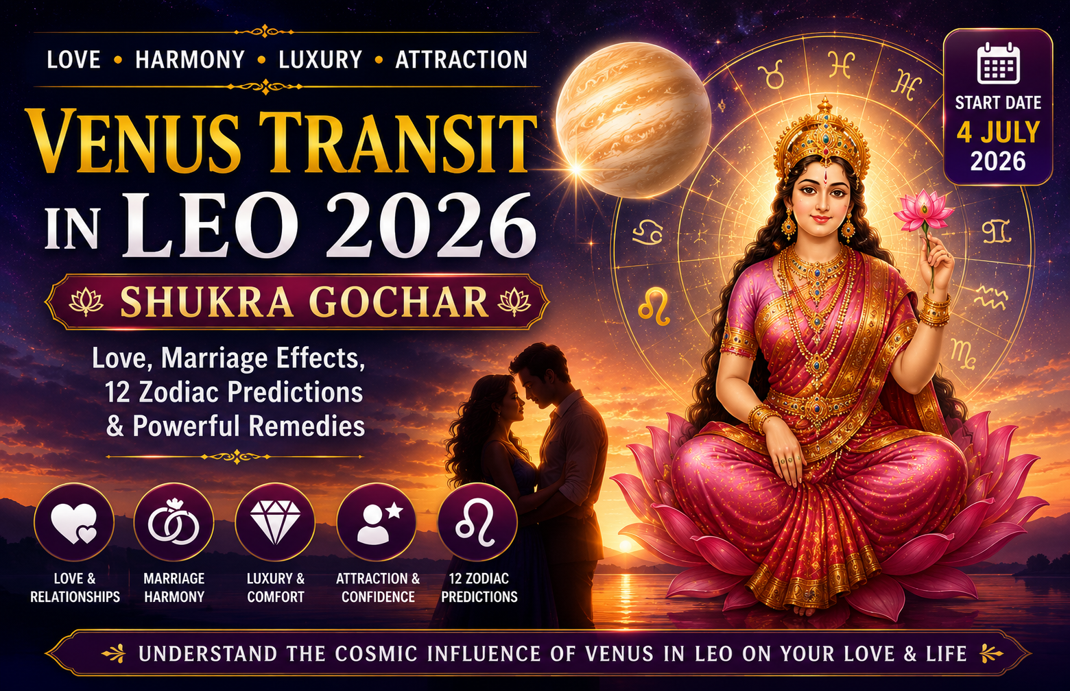 Venus Transit in Leo 2026 banner showing Shukra Gochar effects on love, marriage, attraction, and zodiac predictions with Venus planet and astrology-themed artwork.