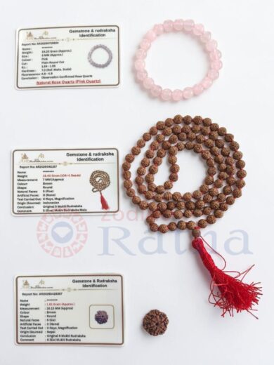 Love & Harmony Kit featuring Authentic 6 Mukhi Nepali Rudraksha, Natural Rose Quartz Bracelet and Premium 5 Mukhi Rudraksha Mala with identification cards