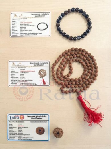 Protection Kit featuring Authentic 10 Mukhi Nepali Rudraksha, Natural Black Sulemani Hakik Bracelet and Premium 5 Mukhi Rudraksha Mala with identification cards