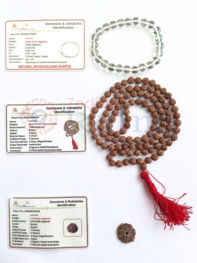 Shiva Blessing Kit featuring Authentic 7 Mukhi Nepali Rudraksha, Natural Sphatik Bracelet and Premium 5 Mukhi Rudraksha Mala with identification cards