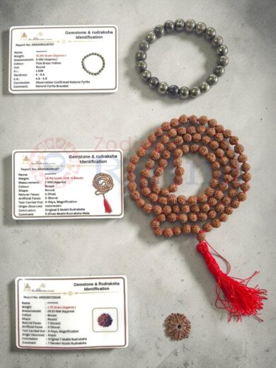 Wealth & Prosperity Kit featuring Authentic 7 Mukhi Nepali Rudraksha, Natural Pyrite Bracelet and Premium 5 Mukhi Rudraksha Mala with identification cards