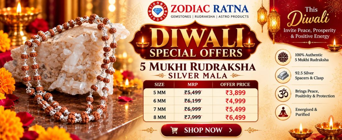 Zodiac Ratna Diwali Special Offer on 5 Mukhi Rudraksha Silver Mala with 54 beads, available in 5 MM, 6 MM, 7 MM and 8 MM sizes, featuring authentic Rudraksha with silver fittings, festive discount